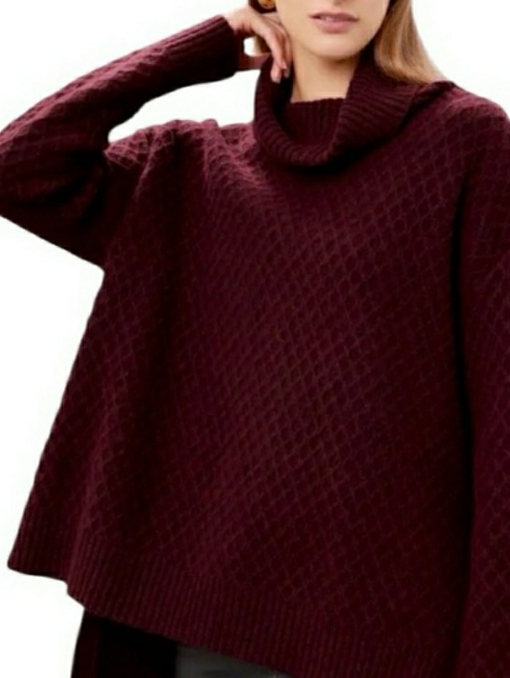 Adam Lippes Burgundy Textured Knit High Lo Long Sleeve Turtleneck Sweater Size S